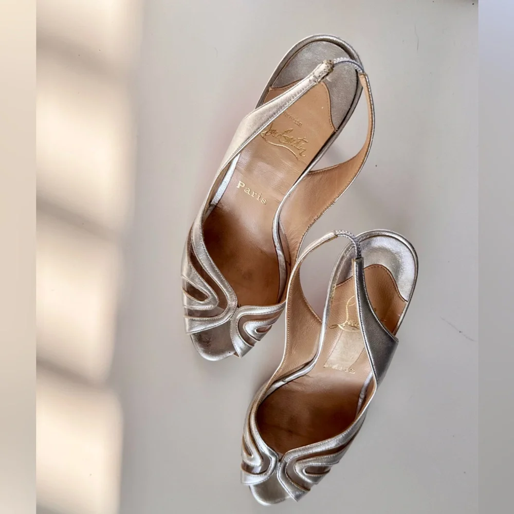 CHRISTIAN LOUBOUTIN 3” Silver Leather Slingback Sandals High Heels Women’s Shoes